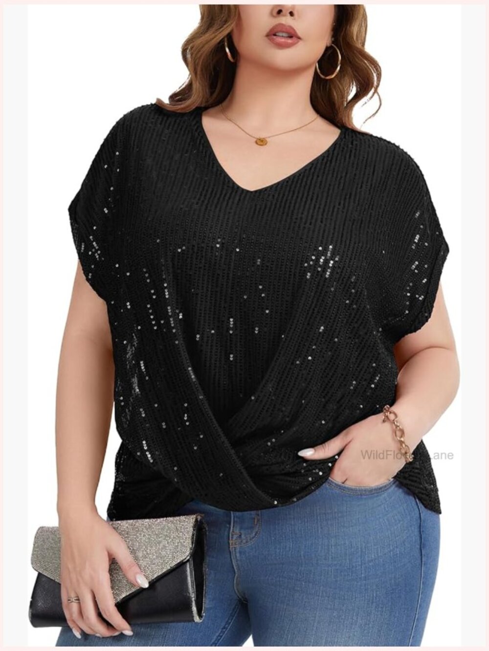 Plus Size Sequin Top Short Batwing V Neck Blouse Fully Lined Tunic